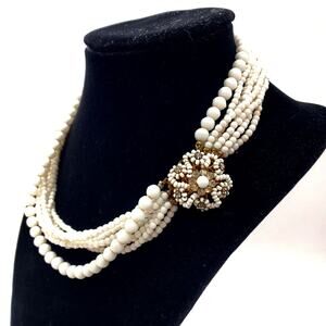 White Glass Beaded Choker Eugene Schultz Multi Strand Necklace Flower Seed Clasp